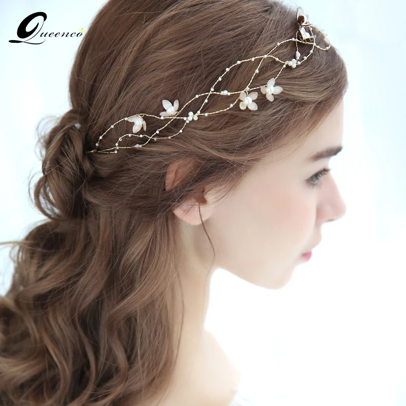 

Golden Flower Headband Pearls Bridal Hairband Tiara Wedding Hair Accessories Gift For Girls Hair Ornament