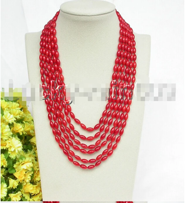 

shipping Excellent 6row 17"-22" rice red coral beads necklace magnet clasp e1607