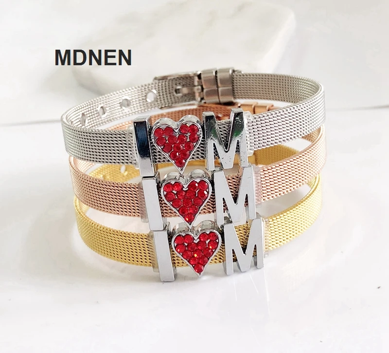 Сетчатый Браслет из нержавеющей стали с 3 шт. "I LOVE MOM", хрустальные подвески, браслеты-хранители, подарки для ювелирных изделий DIY