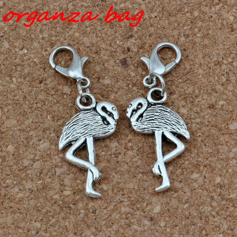 

20pcs/lot Antique Silver Flamingo Crane Charms Bead with Lobster clasp Fit Charm Bracelet DIY Jewelry 12x37mm A-272b