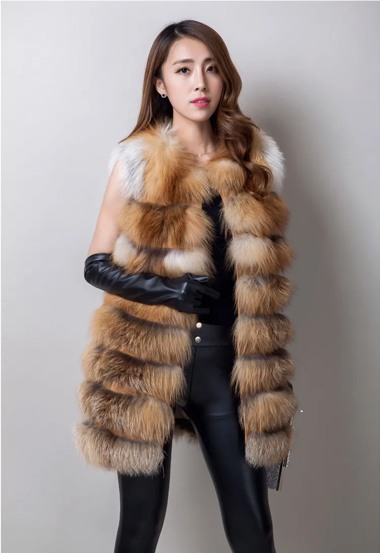 Real Fur Vest For Women Winter Female Plus Size Sleeveless Vest Of Natural Silver Fox Fur Red