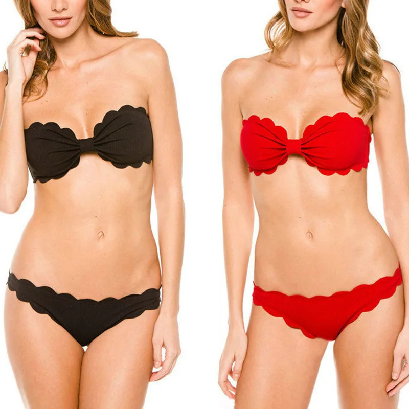 

Ladies Swimsuits Solid Sling Wave Bikini Briefs Summer Swimsuits for Swimming EDF88