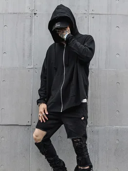 

Men High Street Hip Hop Black Hooded Sweatshirt Coat Male Streetwear Fashion Casual Loose Hoodie Jacket Outerwear