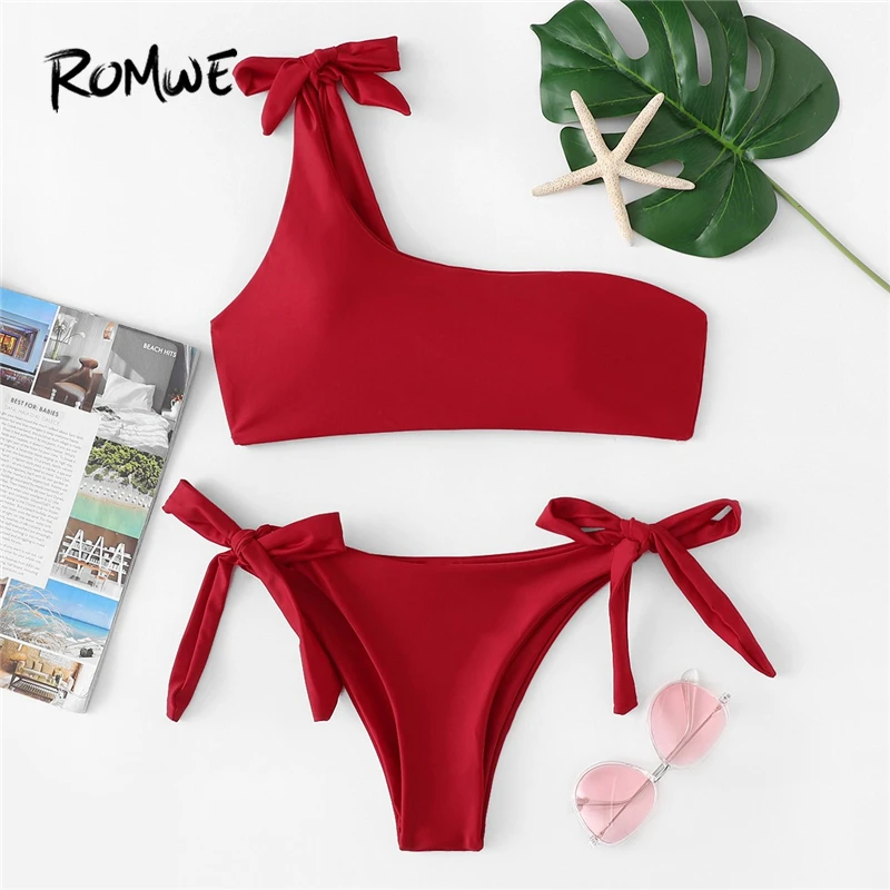 

Romwe Sport Red Tied Knot One Shoulder Top With Tied Side Swim Bottoms Bikinis Set Women Summer Wire Free Beachwear Swimsuit