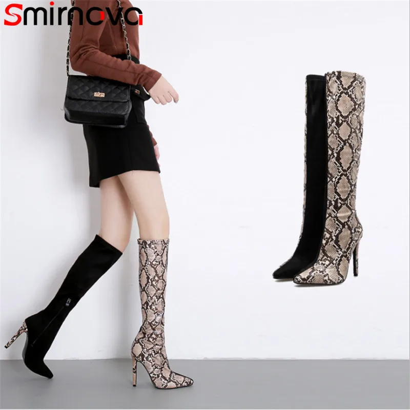 

Smirnova 2019 new knee high boots pointed toe zip high heels shoes mixed color ladies prom shoes serpentine autumn winter boots