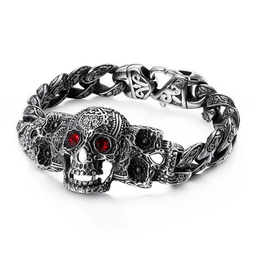 Fongten Skull Cross Curb Men's Bracelet Vintage Black Silver Cuban Chain Stainless Steel Skeleton Male Bracelets Bangle Jewelry - Окраска металла: J1-KB112525