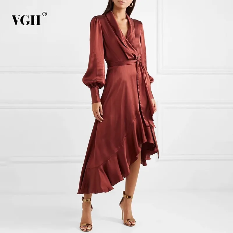 

VGH Summer V Neck Women's Dress Long Lantern Sleeve Ruffle Bandage Slim Solid 2019 Hem Asymmetrical Female Dresses Fashion New