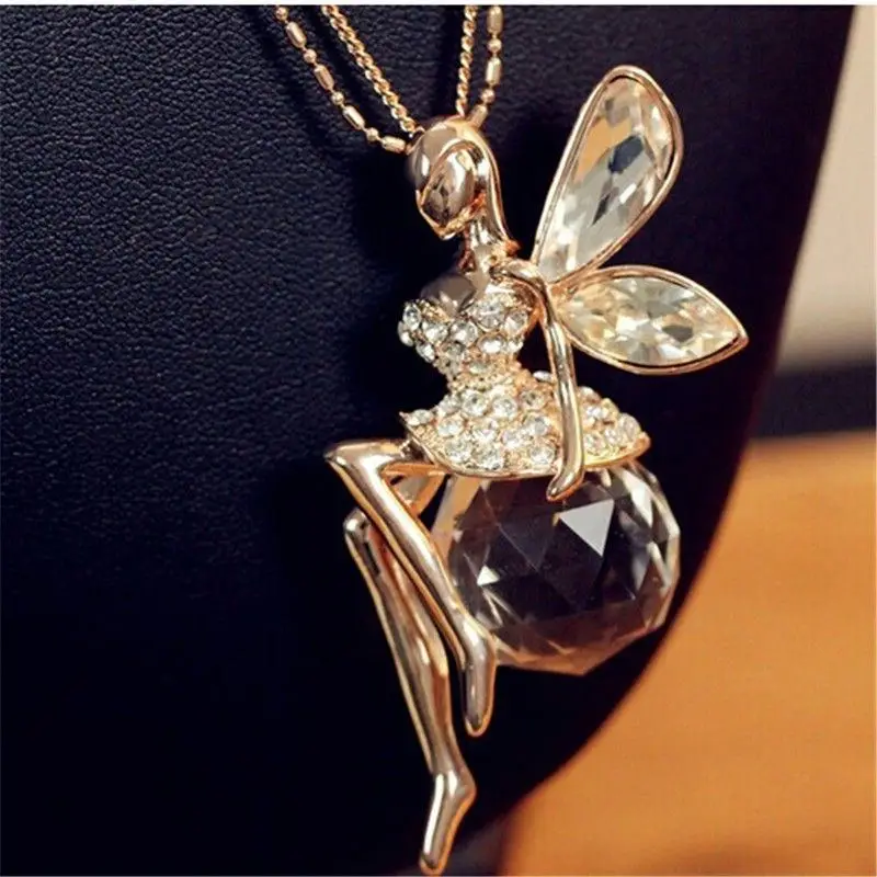 Fashion Women Jewelry Crystal Angel Wings Gold Plated Long Chain Necklace Ahiny Butterfly Fairy Necklace for Girls Birthday Gift