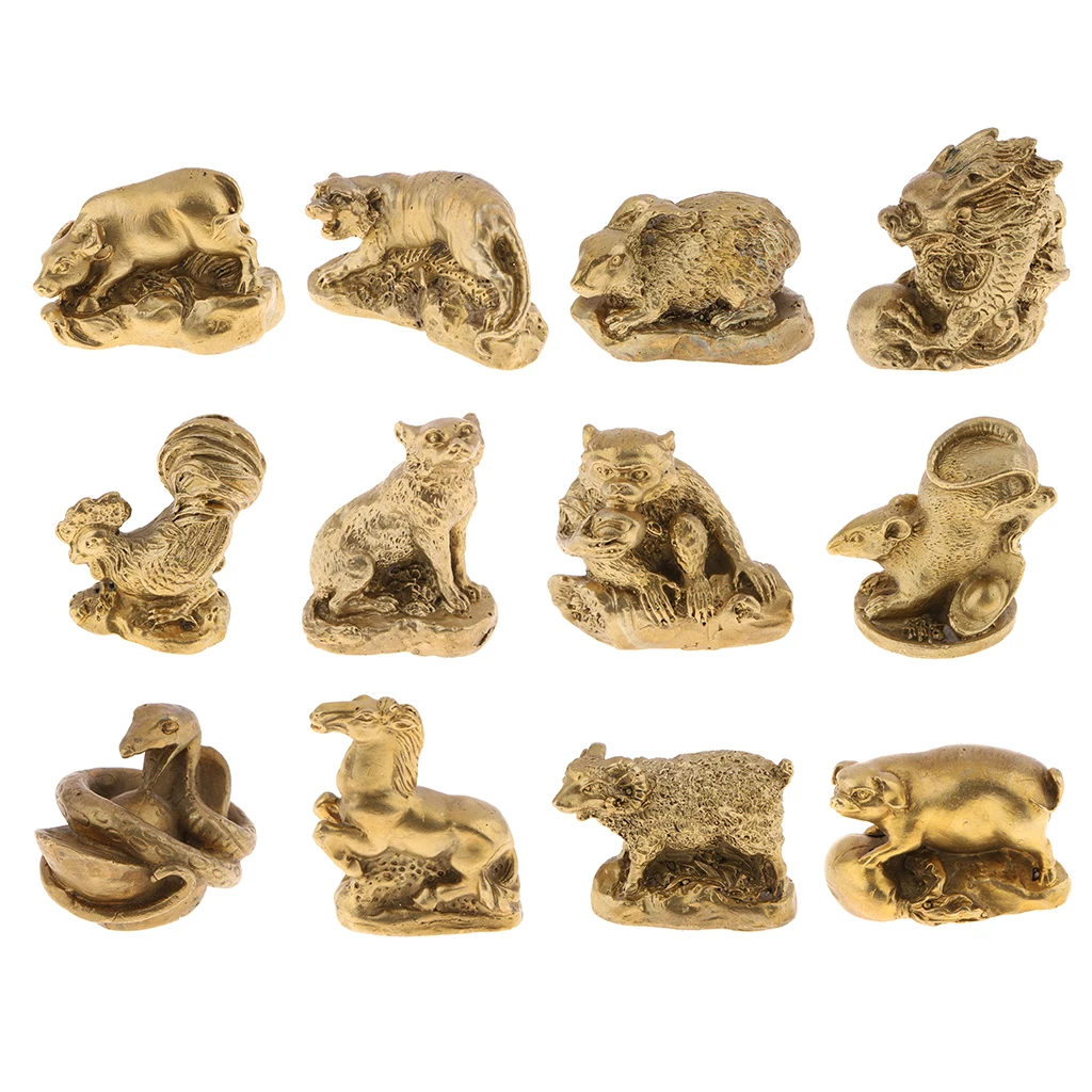 Pure Solid Brass Animals Statues Figurines Chinese Zodiac Shengxiao Ornaments for Home Office Table Desktop Shelf Decoration
