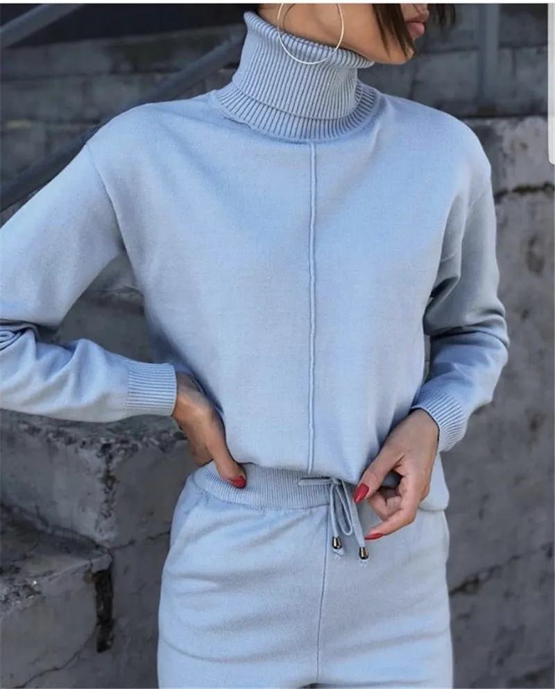

Winter Causal Woolen Cashmere Knitted Suit Loose High Collar Sweater Cashmere Pants 2 Piece Set Pockets Solid Sweater Knit