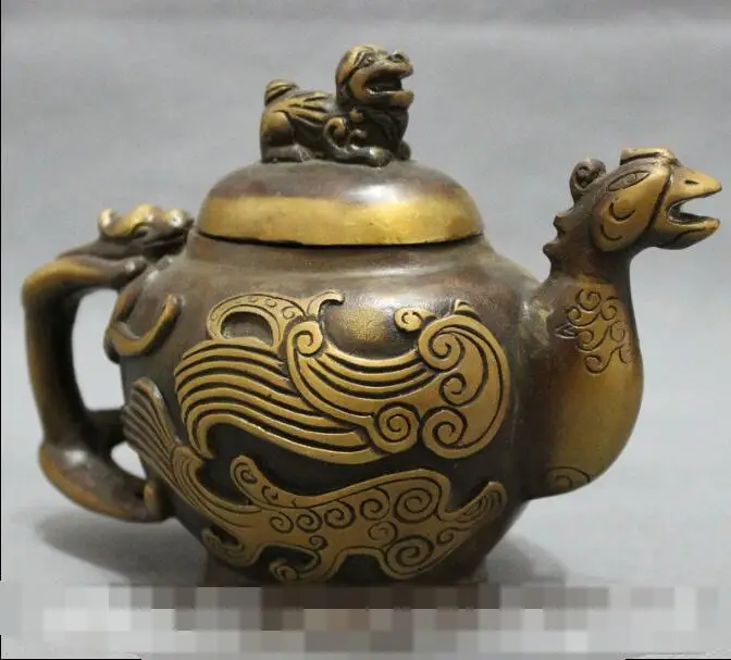 

S3776 Chinese Bronze Lion Dragon Unicorn Beast Phoenix Head Statue Wine Pot Teapot discount 30% (C0324)