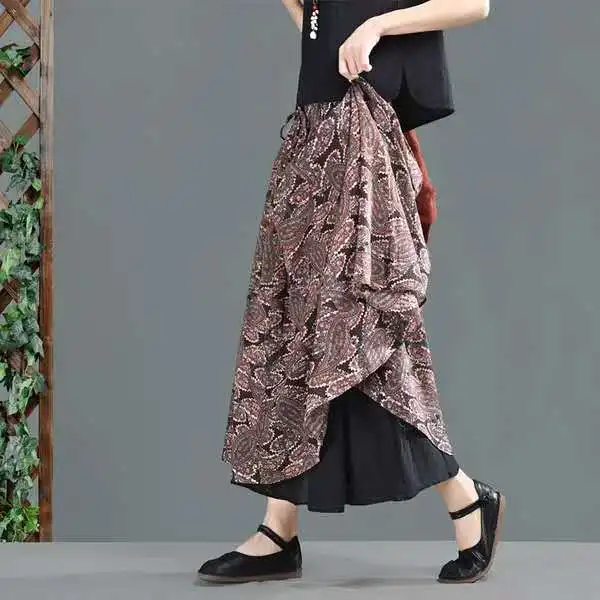 Spring Skirt Women Loose Elastic Waist Retro Skirt New Ladies Print pocket Vintage Casual Skirt Mori girl