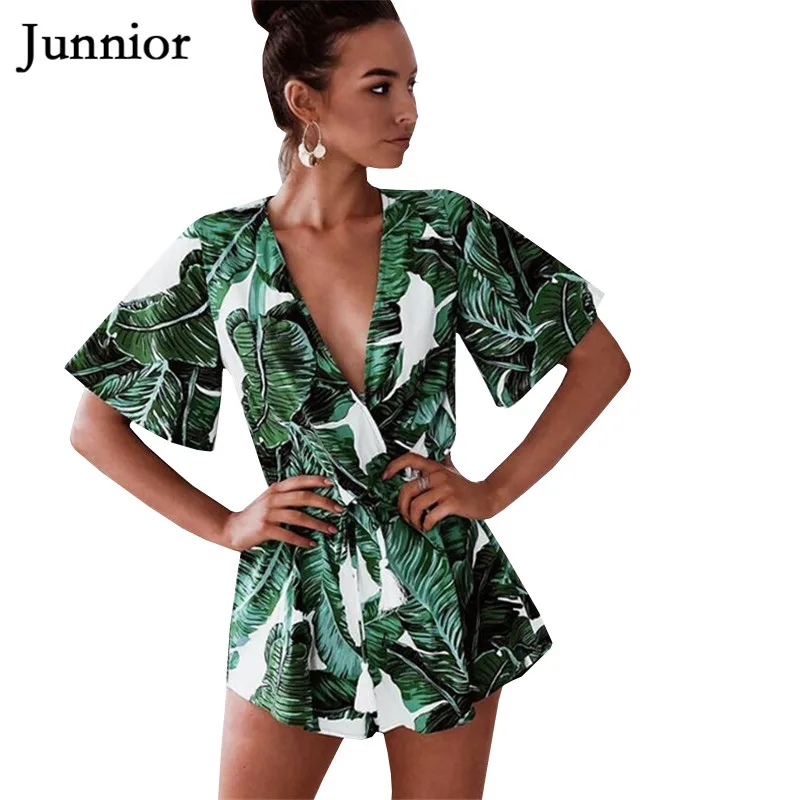 

Junnior Summer Women's Overall Floral Playsuit Female Short Sleeve Beach Wear Women V-neck Bodysuit Playsuit Modis Roupas Femme