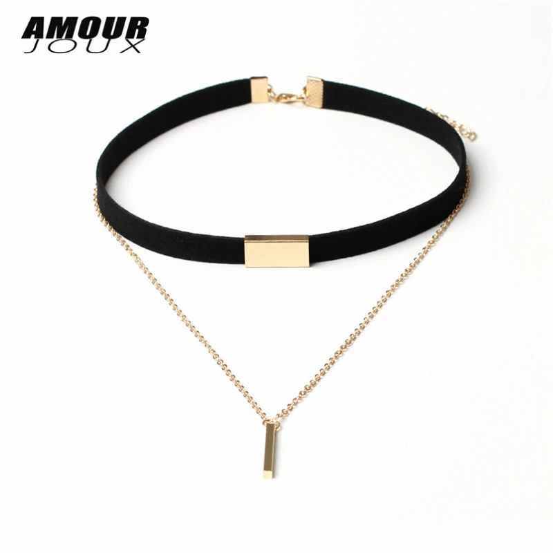 Fashion Black Brown Velvet Choker Necklace Female Gold Chain Bar