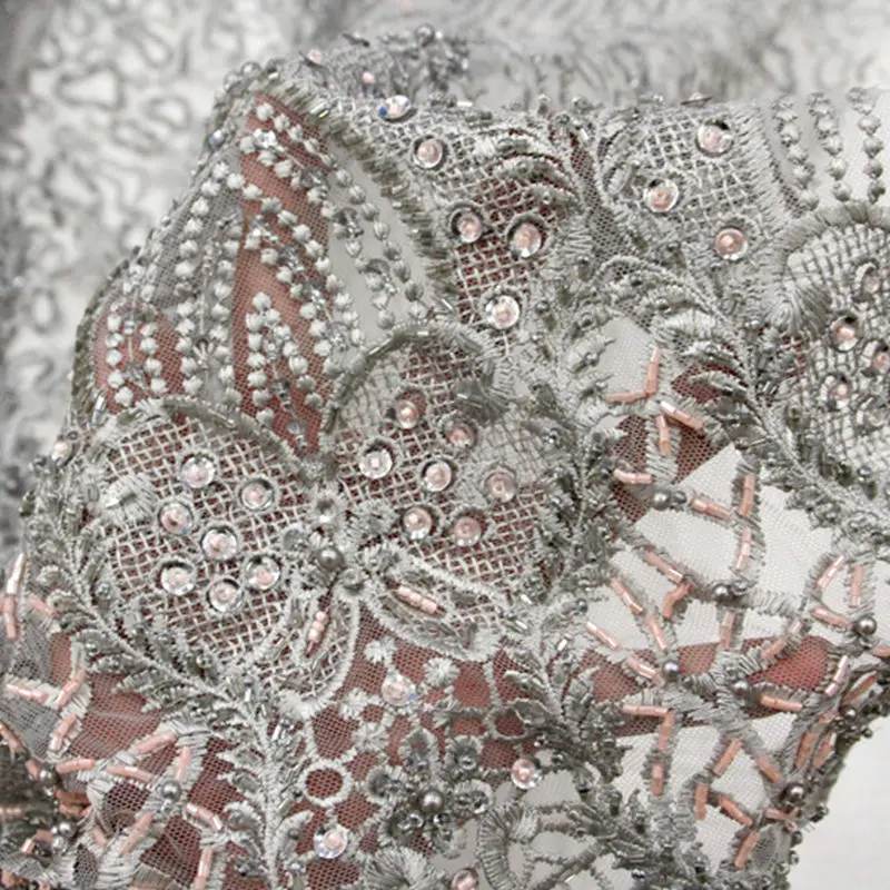

Top grade African net lace 2019 Unique New French tulle embroidery lace fabric with full beads 15 Yards RG540