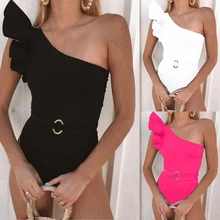 FXBIKINY Women Swimsuit New One-Shoulder Ruffle Bikini One-Piece Swimsuit Solid Bathing Suit Beachwear Maillot De Bain Femme