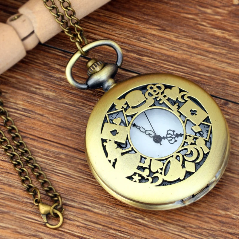 Quartz Pocket Watch Hollow Woman Hat Playing Cards Pendant Fob Watches with Necklace for Men Women 3