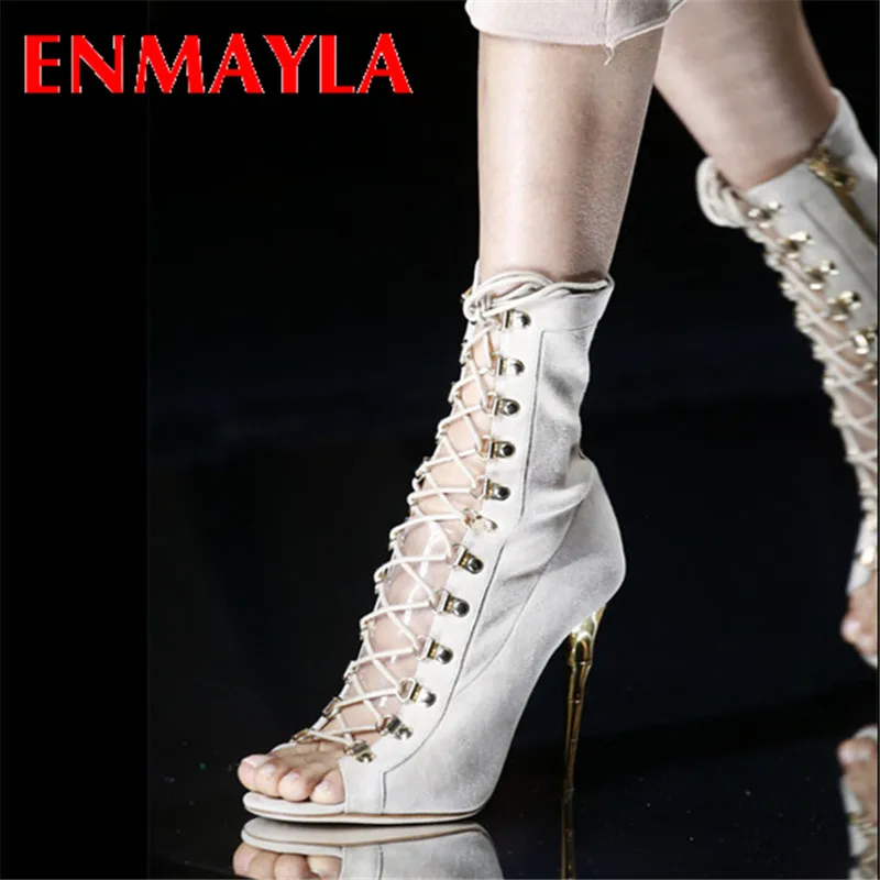 

ENMAYLA Summer Boots Thin Sexy High Heels Gladiator Sandals Women Rome Peep Toe Party Black Leather Size 43 Boots Suede Black