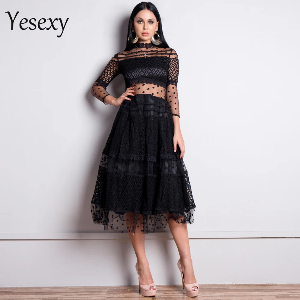 Yesexy женское сексуальное платье в горошек с высоким воротом и длинным рукавом женское кружевное платье просвечивающее повседневное элегантное платье VR18425
