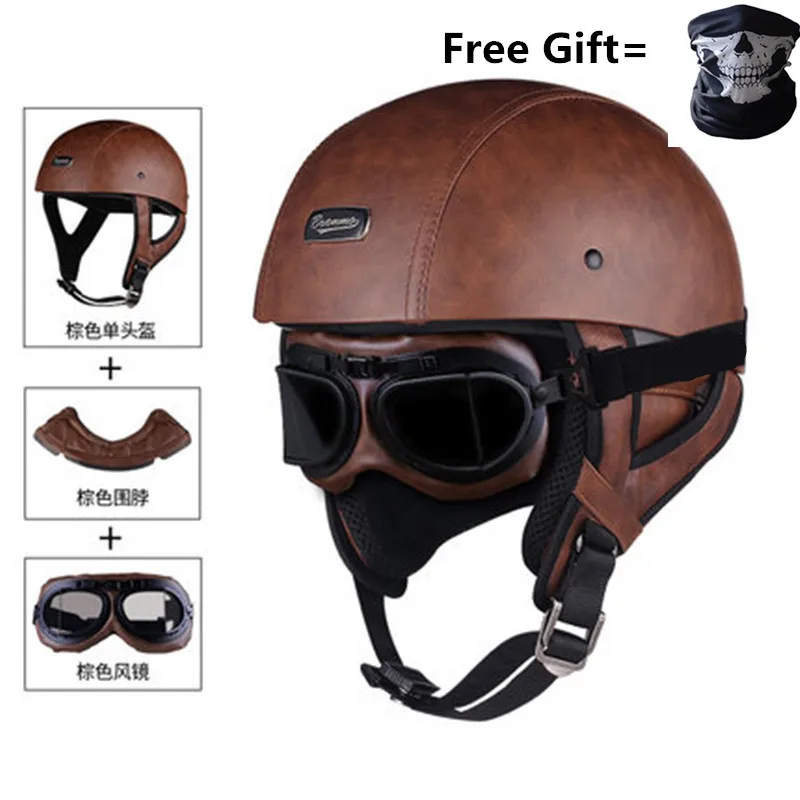 Кожаный шлем черный мотоциклетный с открытым лицом Половина шлем Чоппер Байкер пилот Vespa для 57 до 61 см - Цвет: Brown leather-goggle