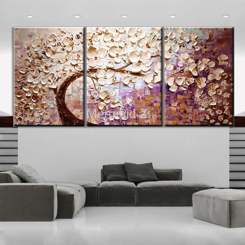 

Hand-painted modern home decor wall art picture brown background White flower tree thick palette knife oil painting on canvas