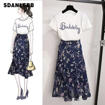 

Plus Size Suit Skirt Suits Women 2019 Summer New Korean Style Bead Short Sleeve T + Floral Skirt Two-piece Girl Lady's Sets