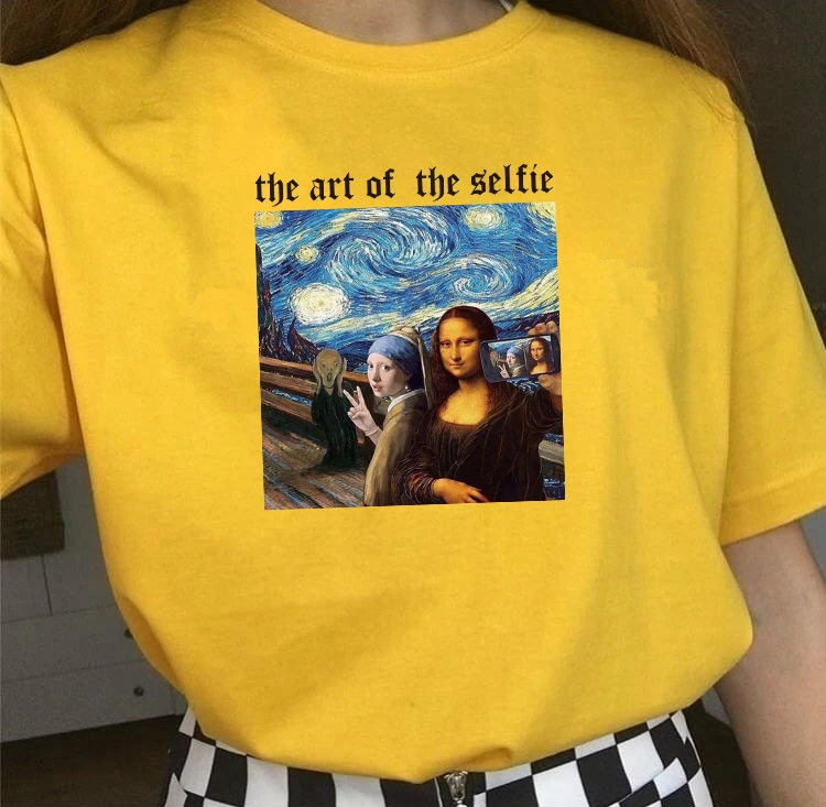 Billig Fashionshow JF Het Meisje Erfüllt De Parel Mona Lisa Starry Nacht Kunst Gedruckt T Shirt Frauen Kurzarm Van gogh Da Vinvi T Tops