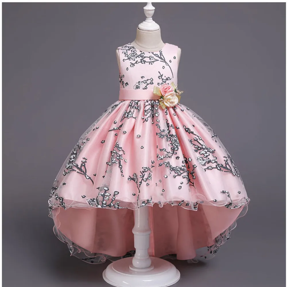 Костюмы со шлейфом, с цветочным рисунком, с бантом, красное платье для девочек, ручная работа, с цветами, для свадебного торжества, элегантные вечерние платья-пачки принцессы, детское платье, K1-2153 - Цвет: pink
