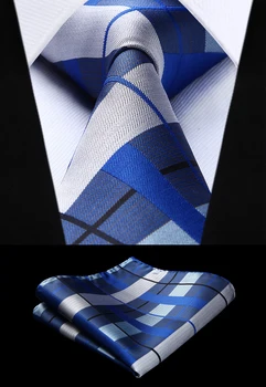 

Woven Men Tie Fashion Blue Gray Check Plaid Necktie Handkerchief Set#TC913B8S Party Wedding Classic Pocket Square Tie