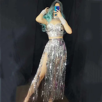 

Women Bar Dj Singer Silver Tassel Split Long Tail Stage Dress Custome Women Night Club Crystals Birthday Celebrate Outfits DJ502