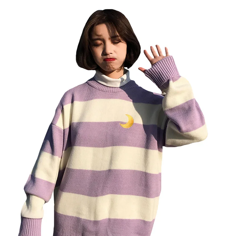 Корейский полосатый лунный Женский вязаный свитер Harajuku Preppy Kawaii Ulzzang женские свитера осенние японские теплые пуловеры с длинным рукавом - Цвет: Лаванда
