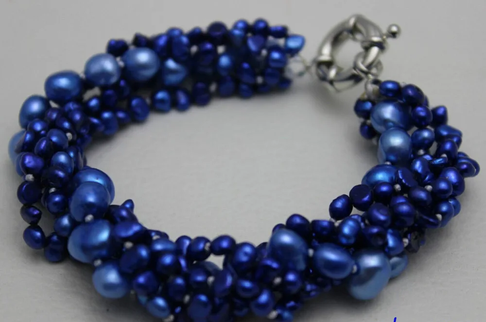 

5strands twist dark blue 4-8mm freshwater pearl bracelet 9"Alloy"Handmade",
