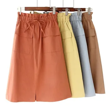 

2019 spring summer Flower bud waist lace up Split ends Patchwork pocket Skirt women casual A-line Mid-Calf skirt femme w574