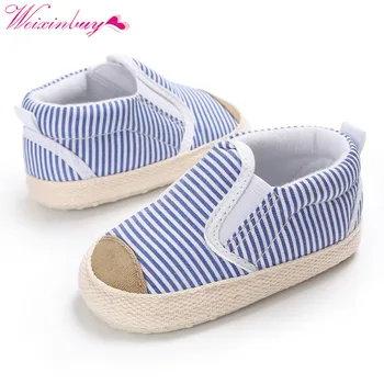 

WEIXINBUY Newborn Baby Shoes Kids Boys Infant Toddler First Walkers Canvas Striped Soft Sole Babe Sneakers 0-18M