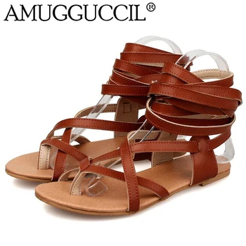

Wholesales Plus Big Size 30-50 Black White Brown Lace Up Fashion Sexy Lady Female Women Girls Summer Flats Sandals L808