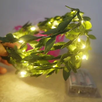 Groen blad guirlande koperen LED fairy string lights 5 M 50 LEDs, Aangedreven door accu, kerst/Nieuwjaar/bruiloft evenement decoratie led