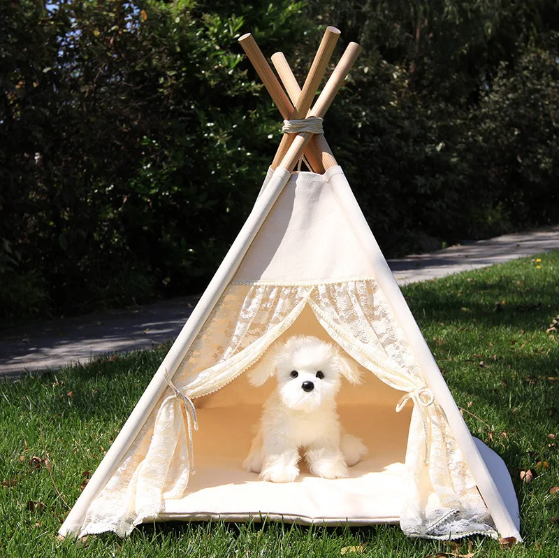 

2018 lace pattern dog house nest with mat foldable pet tent folding portable pet teepee cotton canvas tent dogs cats bed room