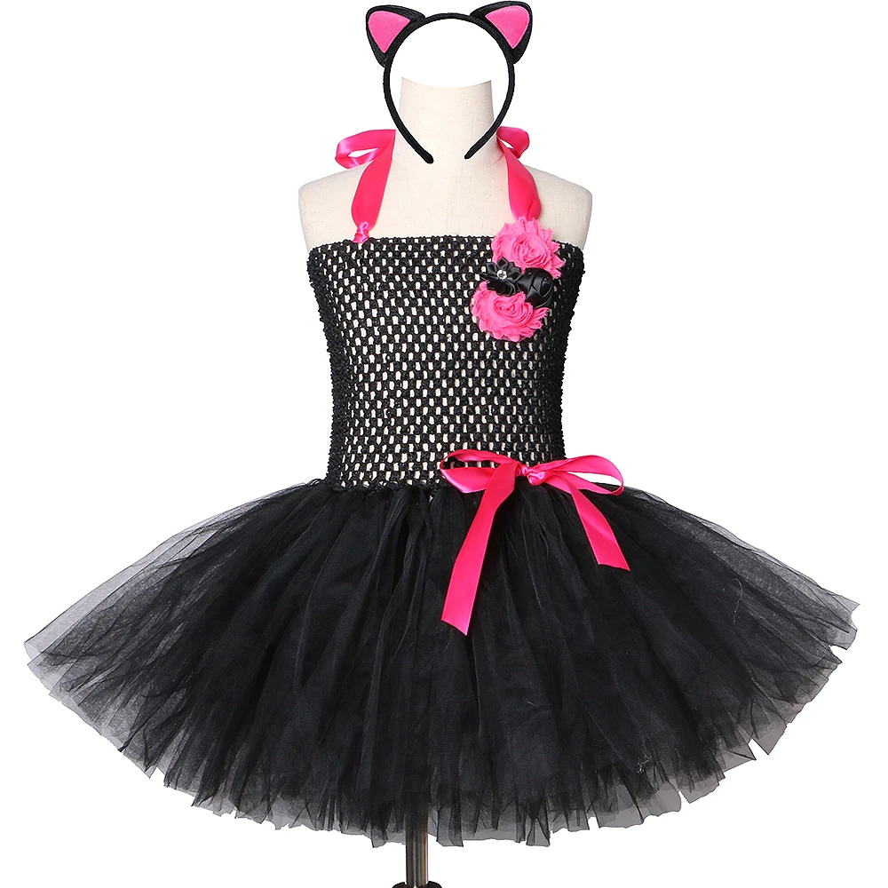 Розовое и черное платье-пачка с рисунком кота для девочек; платье из тюля с цветами для девочек на День рождения; карнавальный костюм на Хэллоуин для детей; костюм кошки для костюмированной вечеринки