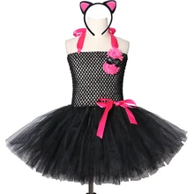 Розовое и черное платье-пачка с рисунком кота для девочек; платье из тюля с цветами для девочек на День рождения; карнавальный костюм на Хэллоуин для детей; костюм кошки для костюмированной вечеринки