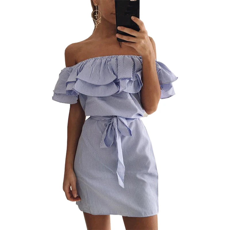 Женское летнее платье с поясом и вырезом лодочкой открытыми плечами|vestidos f|sleeve