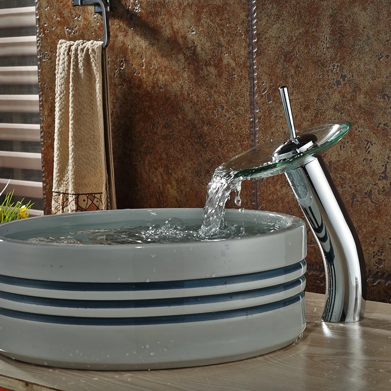 Luxury Glass Waterfall Bathroom Vessel Sink Faucet Deck Mount One Hole Chrome Brass Mixer Taps