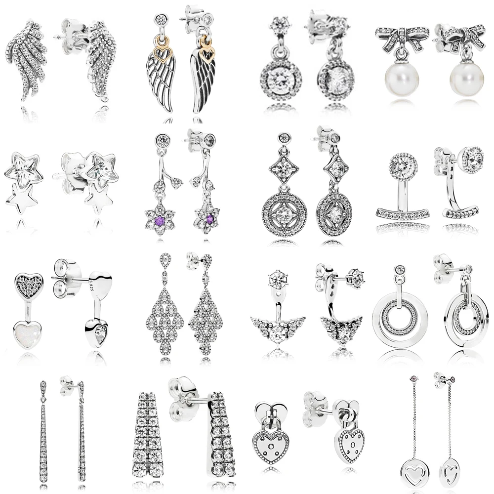 

New 925 Sterling Silver Love & Guidance Star Shape Feather With Golden Color Hearts Earrings Clear CZ Jewelry Gift For Women