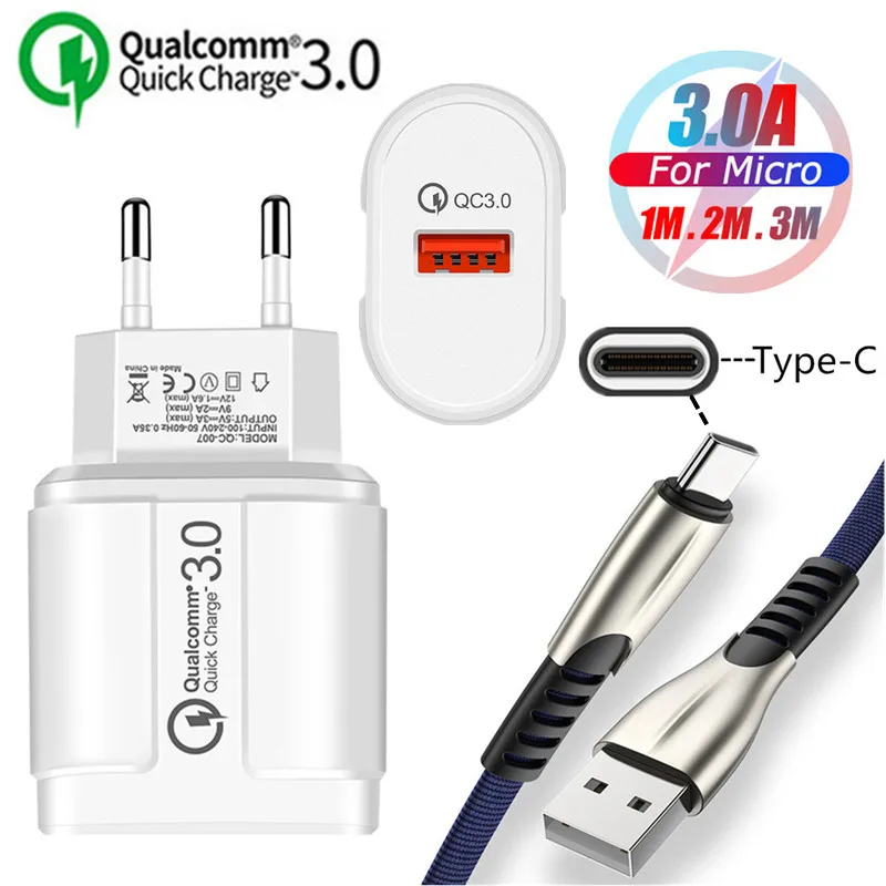 Ковбойский USB кабель QC 3,0 быстрое зарядное устройство type C зарядный провод для samsung S8 S9 Google Pixel 3 3a XL Oppo Reno huawei P20 lite P30 Pro - Тип штекера: EU charger and cable