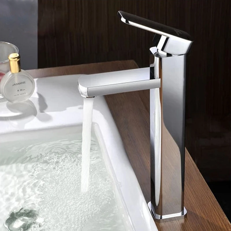 

High Basin Faucets Water Faucet Square Shape Single Handle Basin Hot and Cold Mixer Bathroom Sink Faucets Chrome Surface Tap