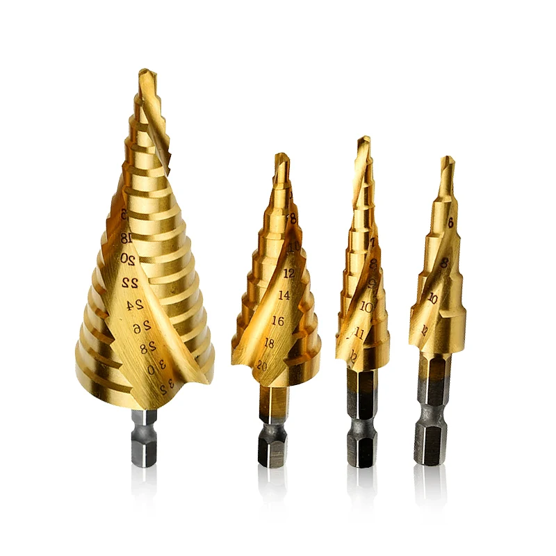 4Pcs Set HSS Titanium3-12 4-12/20/32mm Spiral Grooved Hex shank Metal Step Drill Bit Hole Cutter Cone Core Drilling Hole Saw 