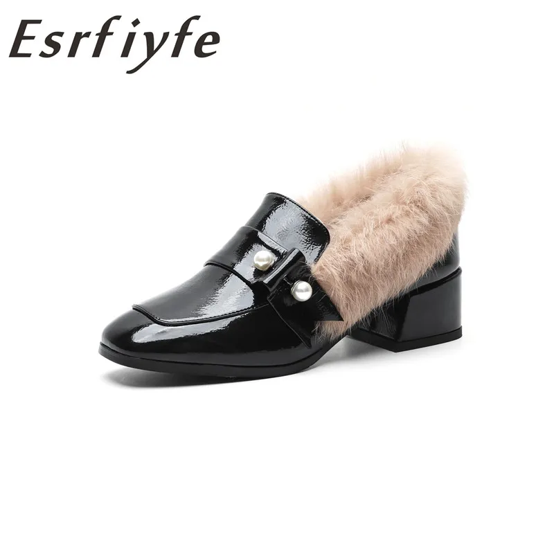 

ESRFIYFE 2019 New Genuine Leather Autumn Winter Fur Pumps High Heels Party Wedding Shoes Woman Comfortable Casual Shoes Pumps