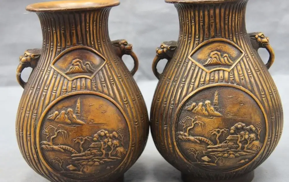 

China Bronze Copper Carved Landscape Fisherman Crock Flask Pot Bottle Vase Pair