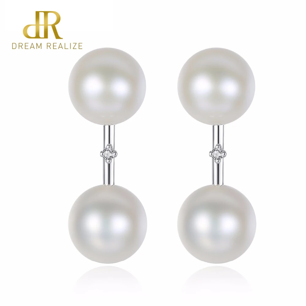 

DR Brand 100% Real Pure 925 Sterling Silver Natural Double White/Pink Bead Pearls Stud Earrings For Women Best Jewelry Gift
