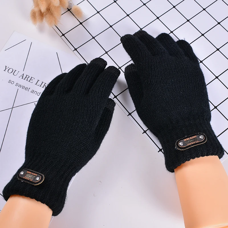 Зимние двухслойные толстые теплые черные вязаные перчатки Зимние перчатки с сенсорным экраном