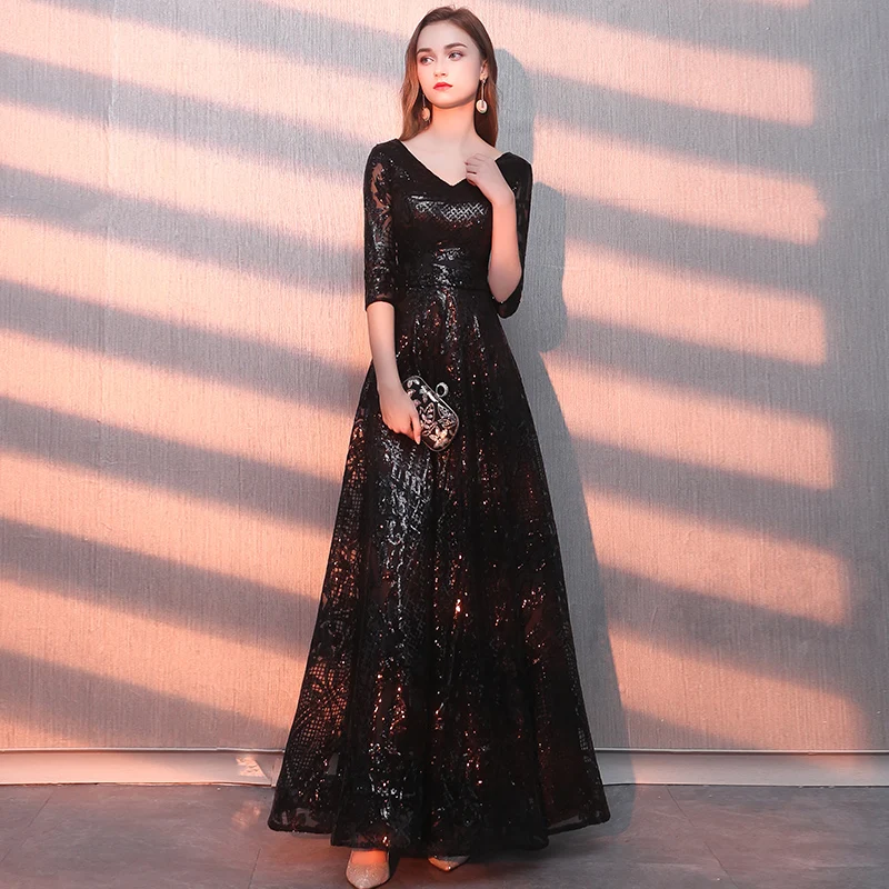

Vestido De Festa Longo Sexy V Neck Black Sequined Evening Dresses Half Sleeves A-Line Zipper Long Party Gown LYFY58